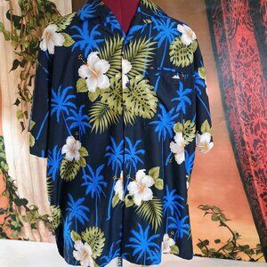 EUC: Rima Beach World Size L Navy Blue Tropical Hibiscus Palm Tree Aloha Shirt